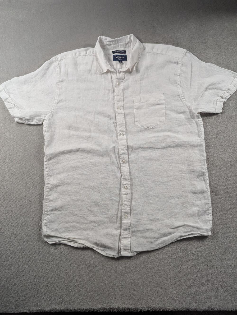 Visitor Shirt Mens XL White Linen Short Sleeve Button Up Casual Summer Pocket
